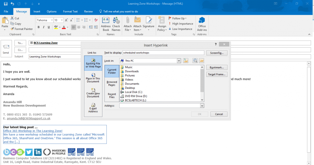 How To Hyperlink Text in Microsoft Office 365 Outlook Business Computer Solutions