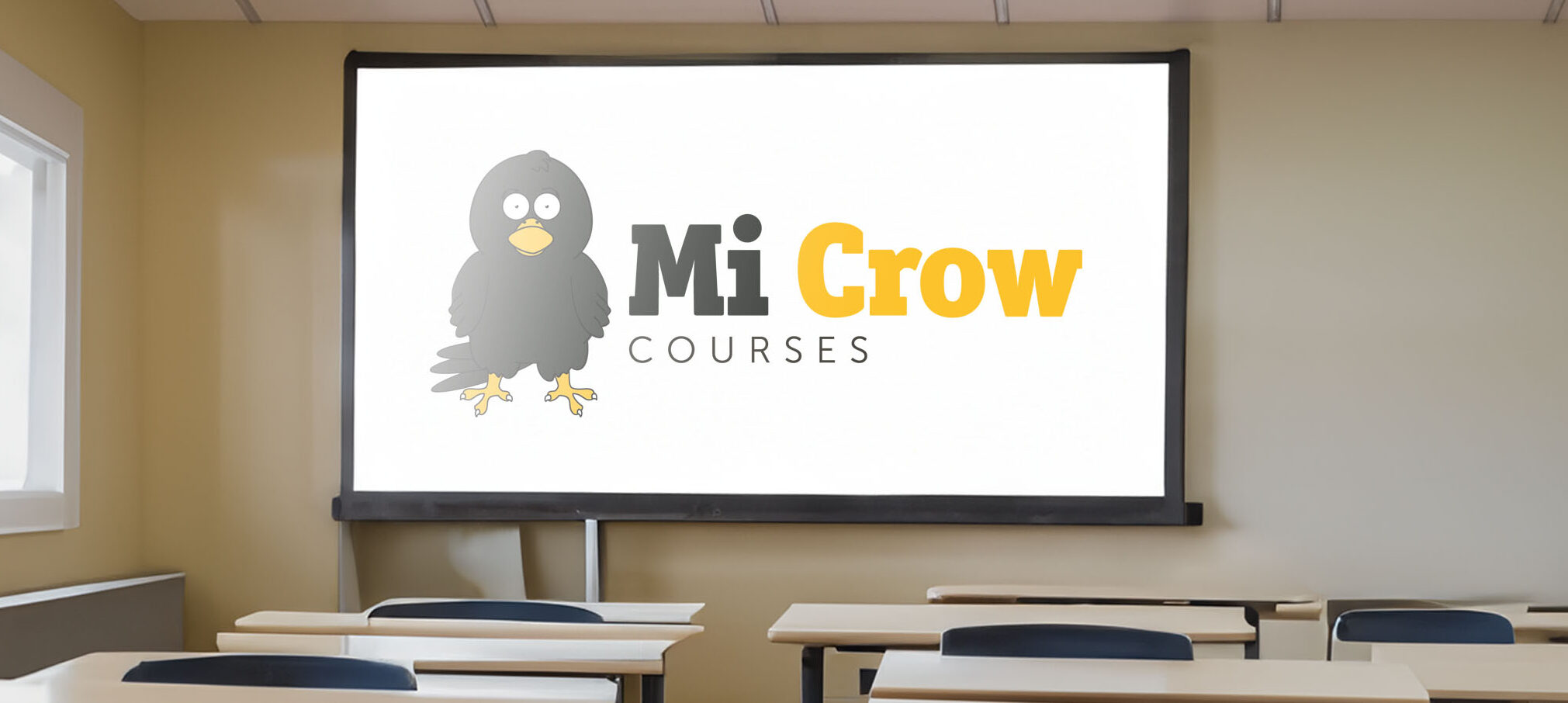 Classroom whiteboard with MiCrow logo